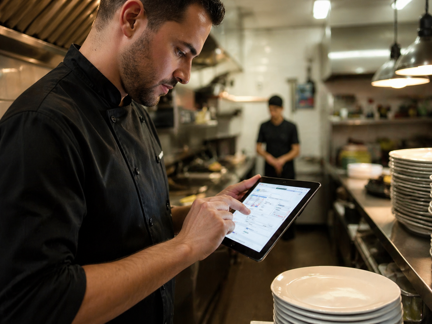 Chef en cuisine consultant une tablette pendant le service