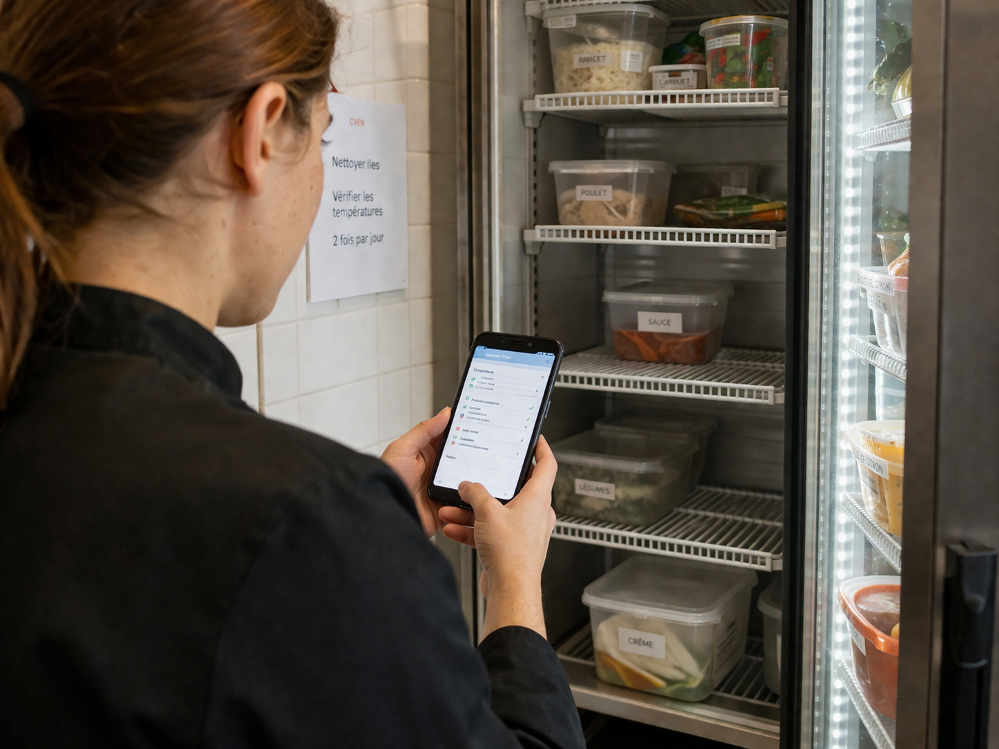 Employée vérifiant la température d'un frigo via l'application mobile O-Ven